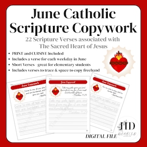 Peut inclure: Un fichier numérique pour le travail de copie des Écritures catholiques de juin, comprenant 22 versets sur le Sacré-Cœur de Jésus. Le document propose des options d'écriture cursive et imprimée, des lignes de traçage et un espace libre.