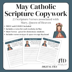 Puede incluir: Conjunto de trabajo de copia digital para mayo, con 23 versículos de las Escrituras asociados con María, Reina del Cielo. Incluye versiones impresas y cursivas, versículos cortos para estudiantes de primaria y versículos para trazar y copiar. La imagen muestra tres hojas de trabajo.