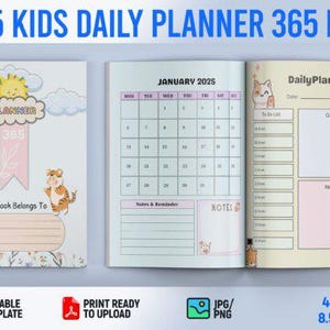 May include: A 2025 Kids Daily Planner with 365 pages, featuring a colorful cover with a sun, clouds, a shark, and a tiger. The planner is 8.5 x 11 inches and includes a monthly calendar, daily planner pages, and notes sections.
