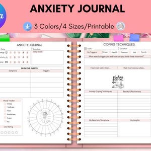 ANXIETY JOURNAL | Mental Health Journal | Therapy Journal | Anxiety Relief | Mood Tracker | Mindfulness Self Care Wellness Gratitude Healing