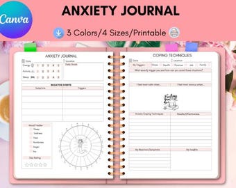 ANXIETY JOURNAL | Mental Health Journal | Therapy Journal | Anxiety Relief | Mood Tracker | Mindfulness Self Care Wellness Gratitude Healing