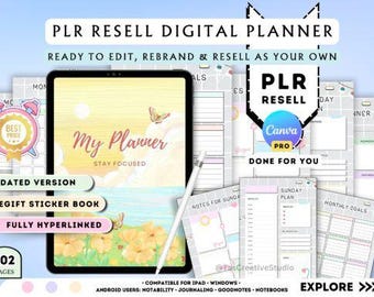 Canva Editable ADHD Planner - PLR Planner Template with Hyperlinked Pages, Daily Trackers, Monthly Calendars, Resell Rights, Digital Planner