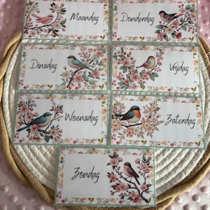 May include: A set of seven rectangular cards, each labelled with a day of the week in Dutch. Each card has a floral border and a watercolour illustration of a bird on a flowering branch. The cards are arranged on a woven tray.