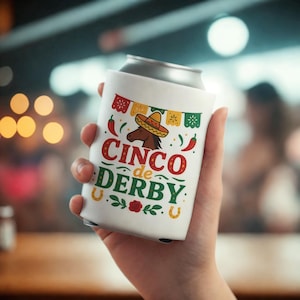 Könnte beinhalten: Weißer Getränkedosenkühler mit einem Cinco de Derby-Design. Das Design umfasst ein Pferd mit Sombrero, Chilischoten und den Text "Cinco de Derby" in Rot und Grün. Der Kühler hält eine silberne Dose.