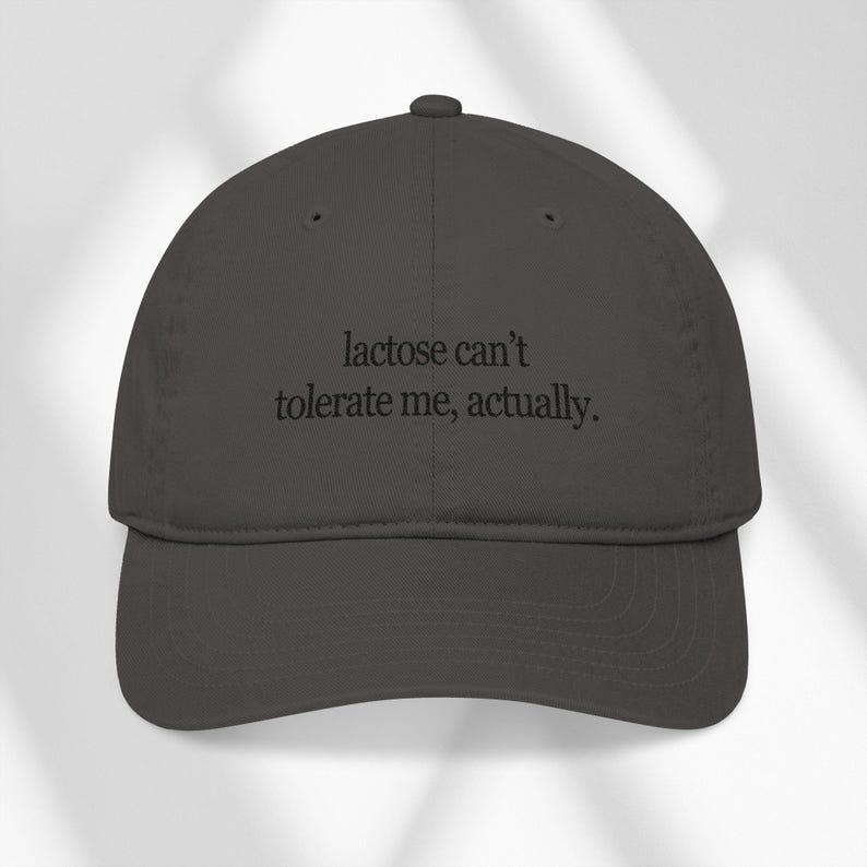 Lactose Intolerance Hat, 90s Funny Embroidered Dad Hat, Dairy Free Gift for Foodies and Vegans, Y2k Unisex Trendy Hat, Vintage Baseball Cap Charcoal