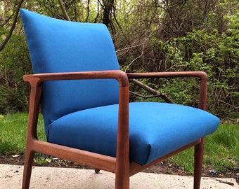 Peacock blue wool Stow & Davis lounge chair