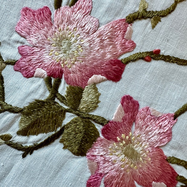 Antique Silk Embroidered Roses Panel