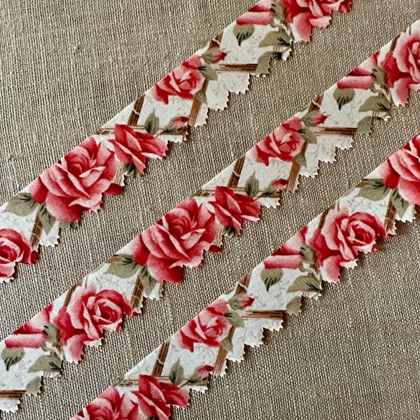 Vintage Pink Roses Cotton Trim Pinked With Antique Pinker