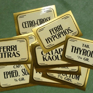 One Dozen Antique Pharmacy/Apothecary Labels Gold Metallic Border