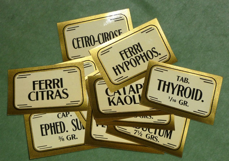 One Dozen Antique Pharmacy/Apothecary Labels Gold Metallic Border 