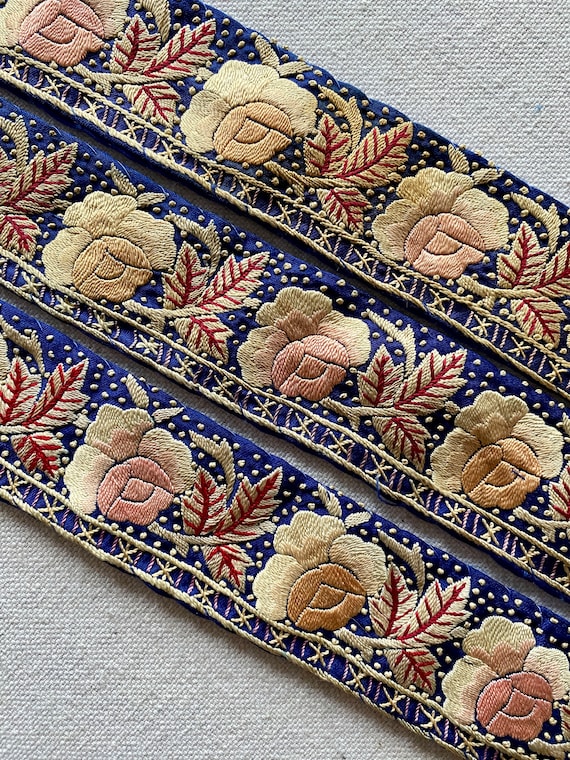 Antique Hand Embroidered Silk Trim Shaded Roses
