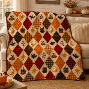 Op de afbeelding: Een doorgestikte plaid met een ruitpatroon en afwisselende motieven van pompoenen, vleermuizen, uilen, maansikkels, sterren en bloemen. De stoffen vierkanten tonen diverse herfstkleuren, waaronder oranje, zwart, bruin en crème.