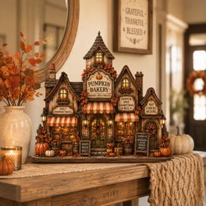 Puede incluir: Una panadería en miniatura detallada llamada Pumpkin Bakery con ventanas iluminadas, toldos a rayas naranjas y blancas y decoraciones de hojas de otoño. La fachada presenta letreros que dicen Pumpkin Bakery, Sweet Pumpkin Treats, Pumpkin Spice & Everything Nice, Pies Cookies Muffins y Baked Fresh Daily.