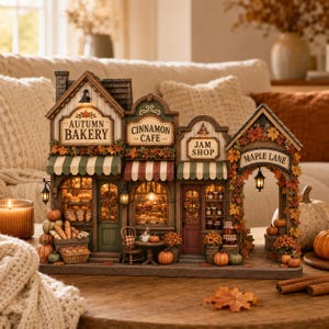 Puede incluir: Un pueblo en miniatura que incluye una panadería de otoño, una cafetería de canela, una tienda de mermeladas y un arco de Maple Lane. La estructura está decorada con follaje otoñal, calabazas e iluminación interior cálida.