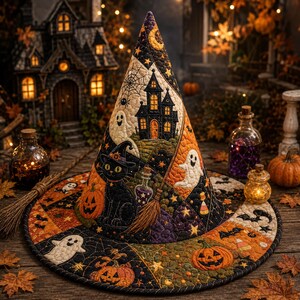 Op de afbeelding: Een doorgestikte heksenhoed met een patchworkontwerp met Halloween-motieven, waaronder een zwarte kat, geesten, pompoenen, een spookhuis, vleermuizen en een bezemsteel. De stof heeft een kleurenpalet van oranje, zwart, paars en crème.