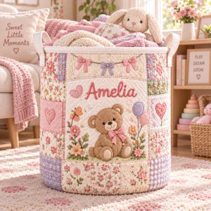 Gepersonaliseerde wasmand met teddybeer, gewatteerde wasmand met naam naar keuze, speelgoedmand met bloemenpatchwork, decoratie voor de babykamer van een meisje