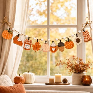 Autumn Wooden Garland, Pumpkin Mug Acorn and Maple Leaf Banner, Cozy Thanksgiving Mantel Decor, Fall Farmhouse Window Hanging Home Decor