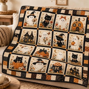 Cute Halloween Patchwork Quilt Blanket, Black Cat Ghost Pumpkin Witch Hat Throw, Cozy Fall Home Decor, Autumn Bedding Gift Idea