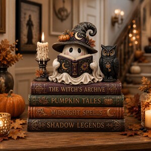 Könnte beinhalten: Eine dekorative Figur, die einen Geist mit Hexenhut zeigt, der ein Buch liest, platziert auf einem Stapel von vier Büchern mit den Titeln The Witch's Archive, Pumpkin Tales, Midnight Spells und Shadow Legends, ergänzt durch eine Kerze und eine Eule.