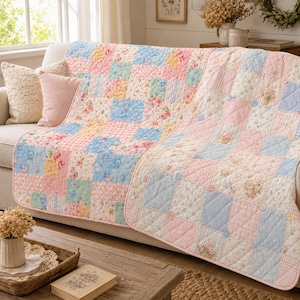 Pastel Floral Patchwork Quilt Blanket, Shabby Chic Cottagecore Throw, Pink Blue Cozy Sofa Bed Cover, Vintage Spring Home Decor Gift