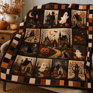 Könnte beinhalten: Eine Patchwork-Decke mit Halloween-Motiven, bestehend aus mehreren rechteckigen Feldern, die Spukhäuser, Geister, schwarze Katzen, Eulen, Kürbisse und Mondsicheln in einer Farbpalette aus Schwarz, Orange, Creme und Braun mit einem karierten Rand zeigen.