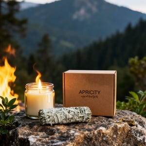 May include: A lit candle in a glass jar, a bundle of sage, and a cardboard box with the word "APRICITY" printed on it. The items are arranged on a rock with a blurred background of a forest and a fire.