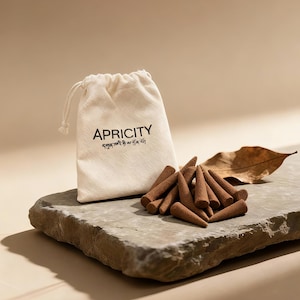 以下が含まれることがあります： 黒字で「APRICITY」と追加テキストがプリントされたベージュ色の巾着袋。袋の隣には、茶色の線香コーンがいくつかあり、乾燥した葉が1枚、すべて灰色の石の表面に置かれています。