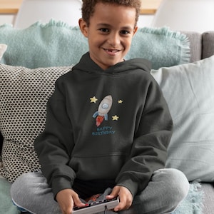 Rocket Drawing Kids Hoodie Happy Birthday Sweatshirt Unique Children&#39;s Gift Personalised Space Theme Hoodie for Boys & Girls