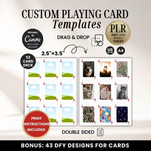Könnte beinhalten: Benutzerdefinierte Spielkarten-Vorlagen, bearbeitbar in Canva. Die Karten sind 6,35 cm x 8,89 cm groß und beidseitig bedruckt. Enthält ein 52-Karten-Deck mit Druckanweisungen. Bonus: 43 DFY-Designs für Karten. Drag-and-Drop-Funktionalität.