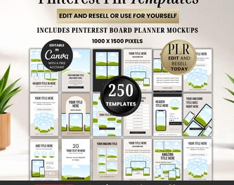 Pinterest Pin Templates Canva PLR, Editable Pinterest Templates Bundle & Board Planner Mockup, Pinterest Aesthetic Pin Template Pack Resell