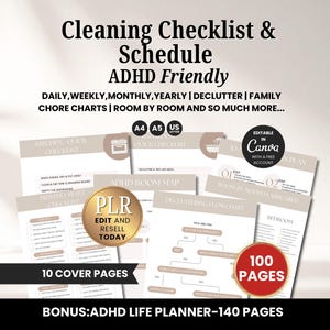 Può includere: Una raccolta di liste di controllo e programmi di pulizia stampabili, progettati per essere adatti a persone con ADHD. Include grafici delle attività giornaliere, settimanali, mensili e annuali, guide stanza per stanza e diagrammi di flusso per il decluttering. Il prodotto include 10 copertine e 100 pagine in totale.