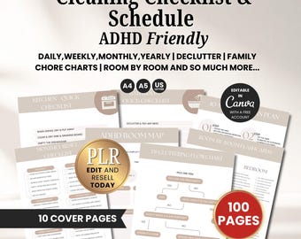 Cleaning Checklist and Schedule Adhd Friendly, Plr Cleaning Planner Canva Templates Editable, Home Cleaning Planner Printable