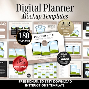 May include: A digital planner mockup template with the text "Digital Planner Mockup Templates." The image includes various layouts, graphics, and the text "180 Templates." It also features the text "Edit and Resell Today."