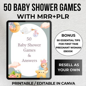 May include: A digital download of 50 printable baby shower games with answers. The image shows a tablet screen with a light blue background and a white circle with the text "50 Baby Shower Games & Answers". The circle is decorated with a stork, clouds, and a baby in a crib. The text "Printable / Editable in Canva" is at the bottom of the image.
