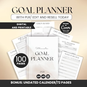 Op de afbeelding: Een digitale en printbare doelplanner met de tekst "Goal Planner" en "Ultimate Goal Planner" op de cover. Bevat 100 pagina's, een bonus ongedateerde kalender en is bewerkbaar in Canva. De planner bevat secties voor vision boards, life assessment en doeltracering.