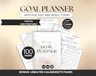 PLR Editable Goal Planner 2026 , Minimalist Digital Planner, Printable Goal Setting Templates Canva, A4 A5 Planner Bundle Plr to Resell