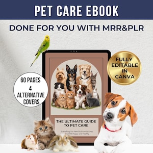 Peut inclure: Une couverture d'ebook numérique sur les soins aux animaux de compagnie avec un fond brun et un groupe de chiens et de chats. Le texte sur la couverture indique "Le guide ultime des soins aux animaux de compagnie" et "Tout ce que vous devez savoir pour garder votre animal de compagnie heureux et en bonne santé". La couverture comprend également le texte "60 pages, 4 couvertures alternatives, entièrement modifiable dans Canva".