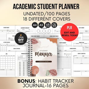 Könnte beinhalten: Ein akademischer Studentenplaner mit Spiralbindung, mit einem Cover mit Aquarelldesign und dem Text "Student Planner". Der Planer enthält undatierte Seiten, 100 Seiten und 18 verschiedene Cover-Optionen. Enthält ein Bonus-Gewohnheitstracker-Journal mit 16 Seiten.