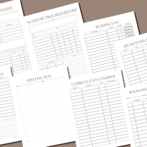 May include: A set of printable student planner pages with headings such as "Assignment Tracker", "Academic Progress Report", "Reading Log", "Student Information", "Book List Per Subject", "Curriculum to Consider", "Spelling Test", and "Vacation Schedule".