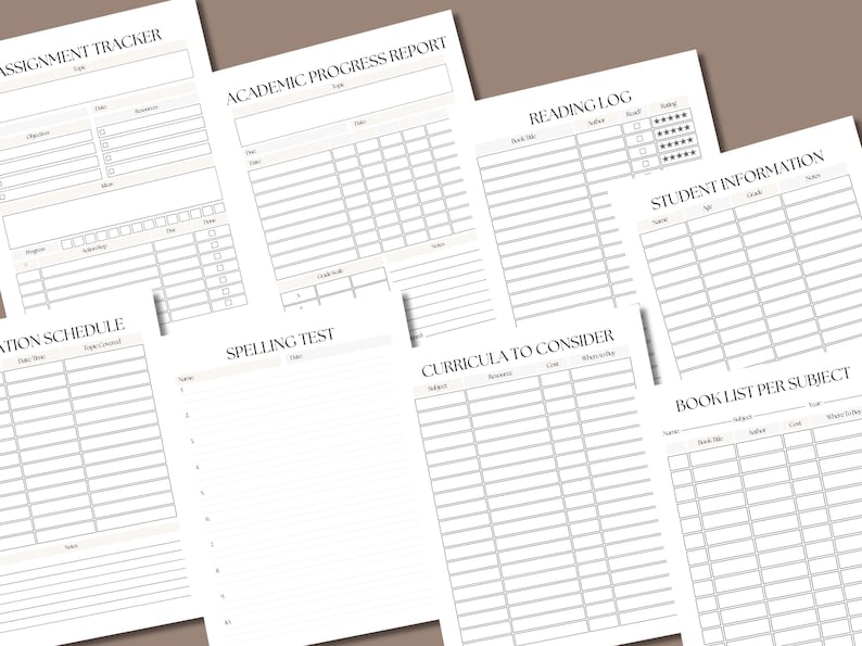 May include: A set of printable student planner pages with headings such as "Assignment Tracker", "Academic Progress Report", "Reading Log", "Student Information", "Book List Per Subject", "Curriculum to Consider", "Spelling Test", and "Vacation Schedule".