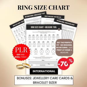 Tabla de tallas de anillos PLR imprimible, Medidor de tallas de anillos internacional (PDF), Buscador de tallas de anillos imprimible internacional, Descarga instantánea, Plantilla Canva (PDF)