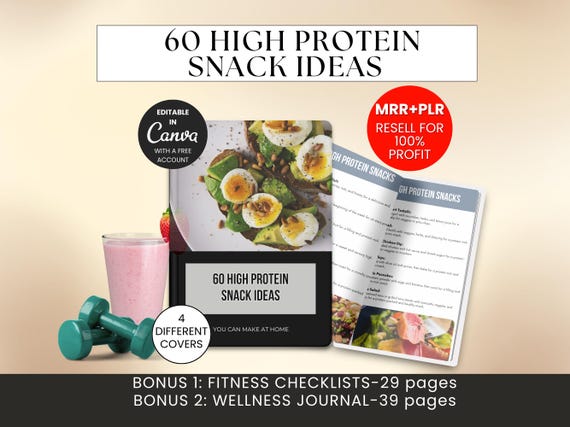 High Protein Snack Ideas Resell Ebook Canva Template PLR MRR Wellness Journal Tracker Fitness Templates Plr Digital Products Passive Income