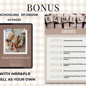 Homeschool planner bundle thumbnail featuring a neutral beige plaid background, spiral-bound planner cover, printable academic progress report and assignment tracker pages, “90+ Pages” badge, MRR + PLR label, Canva editable icon, and bonus “Homeschooling 101” ebook text. Suitable for A4 and US Letter sizes.