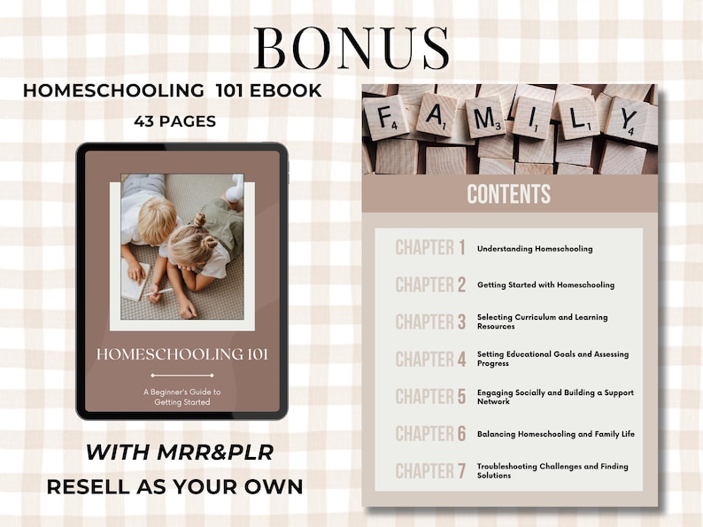 Homeschool planner bundle thumbnail featuring a neutral beige plaid background, spiral-bound planner cover, printable academic progress report and assignment tracker pages, “90+ Pages” badge, MRR + PLR label, Canva editable icon, and bonus “Homeschooling 101” ebook text. Suitable for A4 and US Letter sizes.