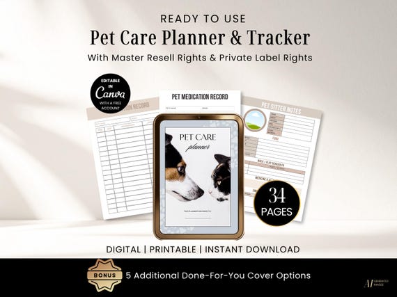 Pet Care Planner Printable, Pet Care Tracker Template, Plr Digital Planner,  Digital Download Pdf, Canva Editable Template with Plr