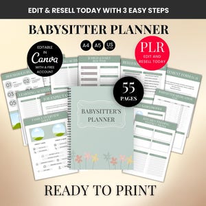 Könnte beinhalten: Ein Babysitter-Planer mit 55 Seiten, druckfertig. Der Planer enthält Abschnitte für Haushaltsroutinen, Lernaktivitäten und Familienübersichten. Bearbeitbar in Canva, verfügbar in A4, A5 und US Letter.