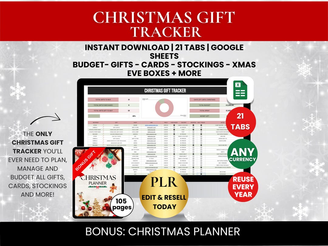 PLR Christmas Gift Tracker Google Sheets Template Spreadsheet Christmas ...