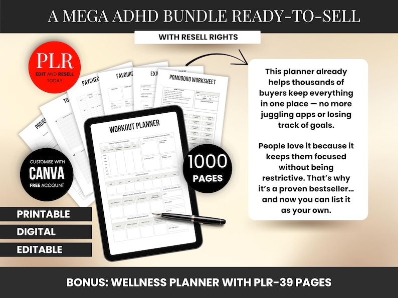 ADHD Life Planner & Calendar Bundle PLR Adhd Digital Planner with Resell Rights Canva Templates Editable Adhd Planner Printable Plr, plr digital products,  digital planner, printable planner, productivity planner