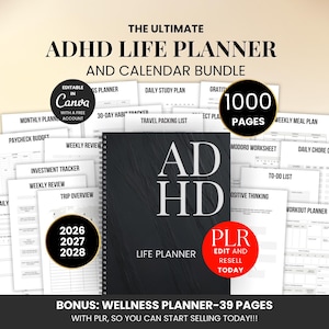 ADHD Life Planner & Calendar Bundle Pdf, Adhd Digital and Printable Planner PLR, Editable Canva Productivity Journal with Resell Rights image 1