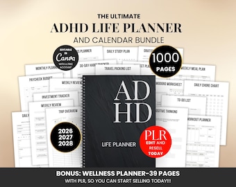 ADHD Life Planner & Calendar Bundle Pdf, Adhd Digital and Printable Planner PLR, Editable Canva Productivity Journal with Resell Rights